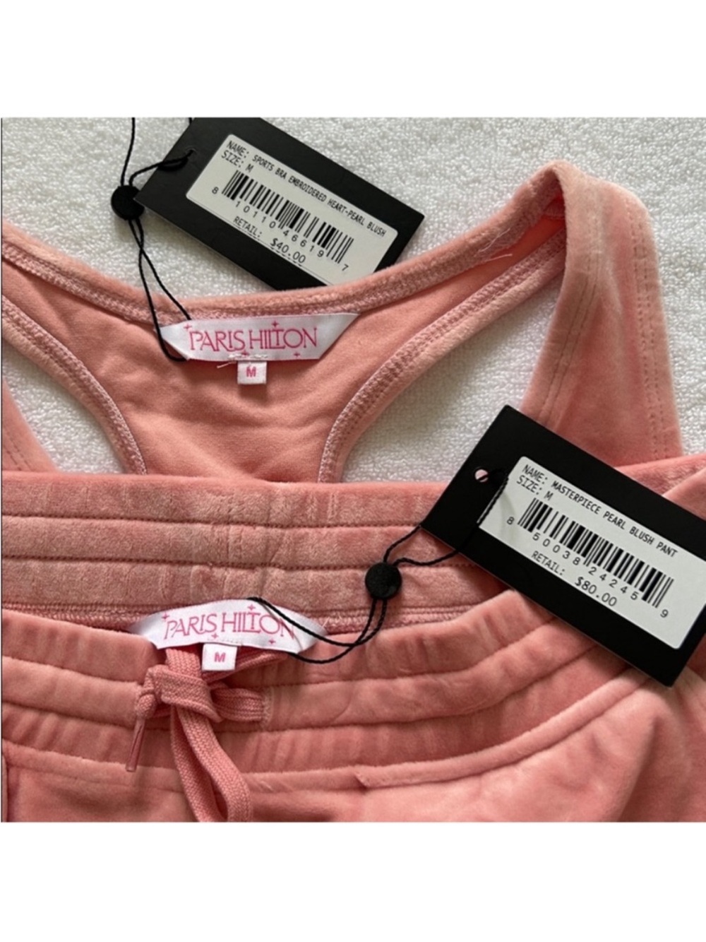 Paris Hilton Medium Set Masterpiece Pants Heart Sports Bra Pearl Blush pink NWT - Picture 13 of 15
